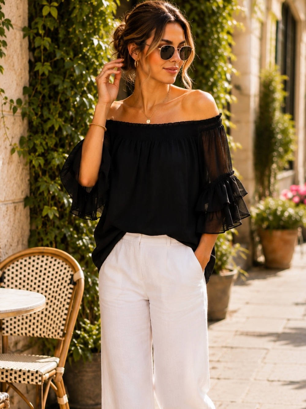 Black Ruched Neck Off-the-Shoulder Blouse Flutter Sleeve
